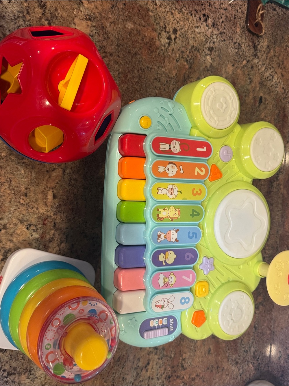 Pre school toy bundle Light-Up Musical Piano , Tupperware shape sorter, rings